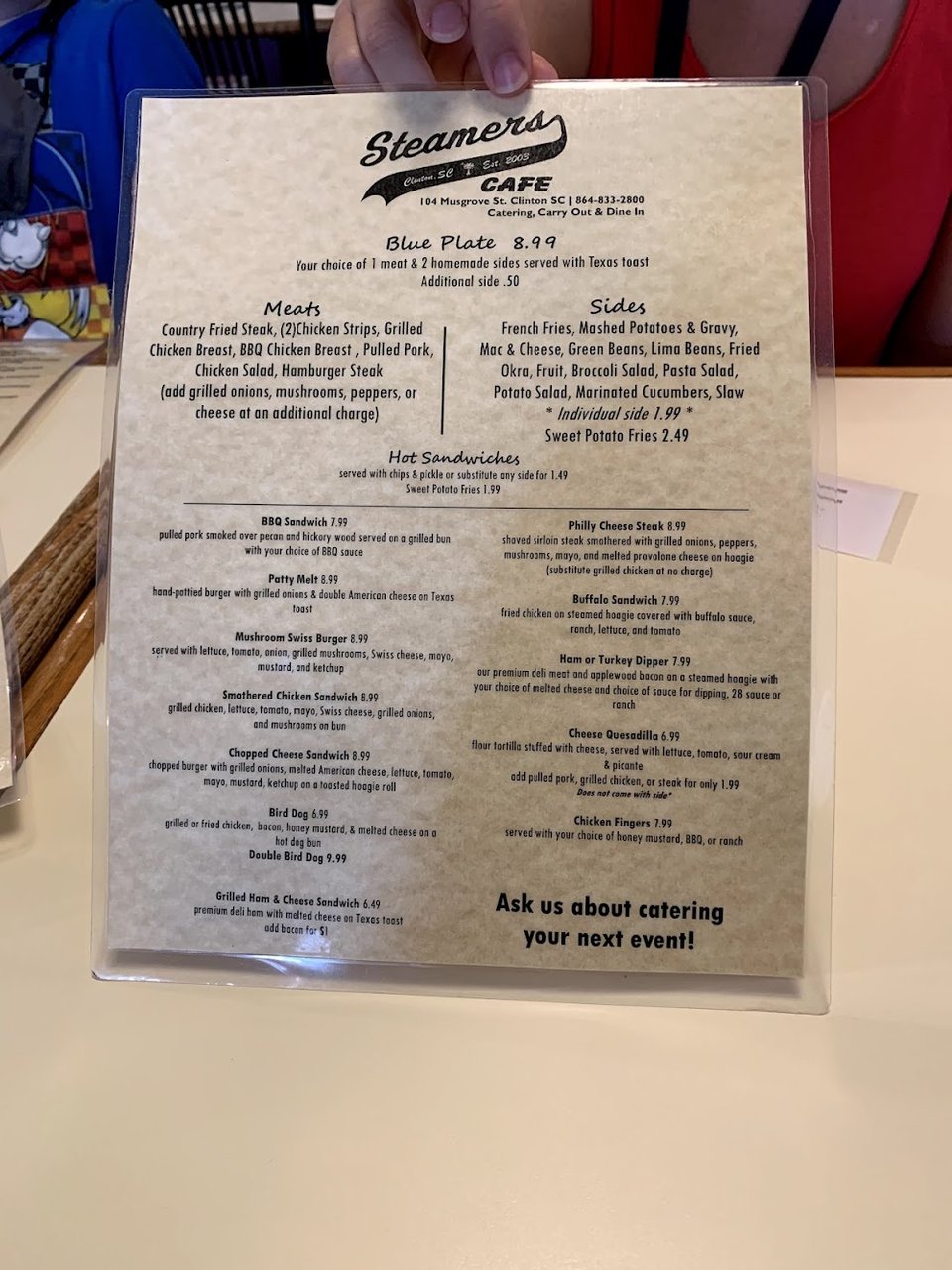 Restaurant menu with breakfast, lunch, and dessert sections.